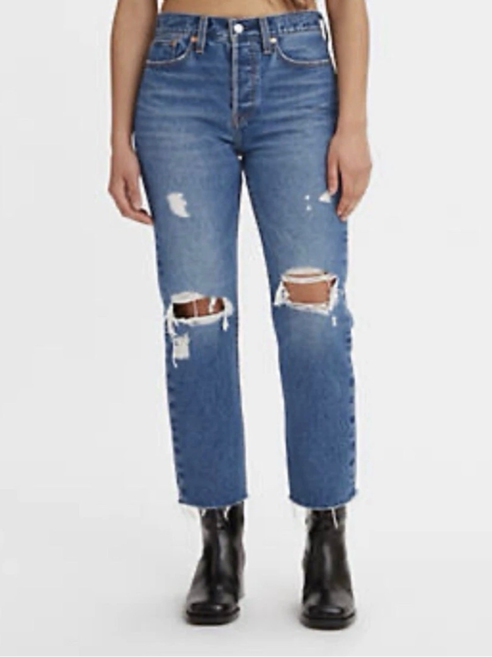 EUC! LEVI'S Wedgie Straight Jeans Carry Kerry Med Blue Indigo Destructed Sz 29